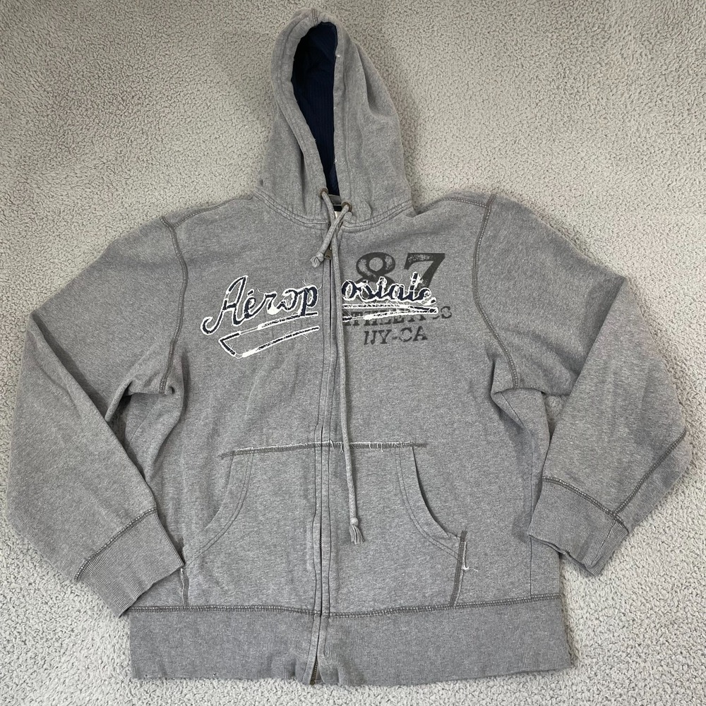 Aeropostale 87 Hoodie Men L Gray Y2K Skater Full Zip